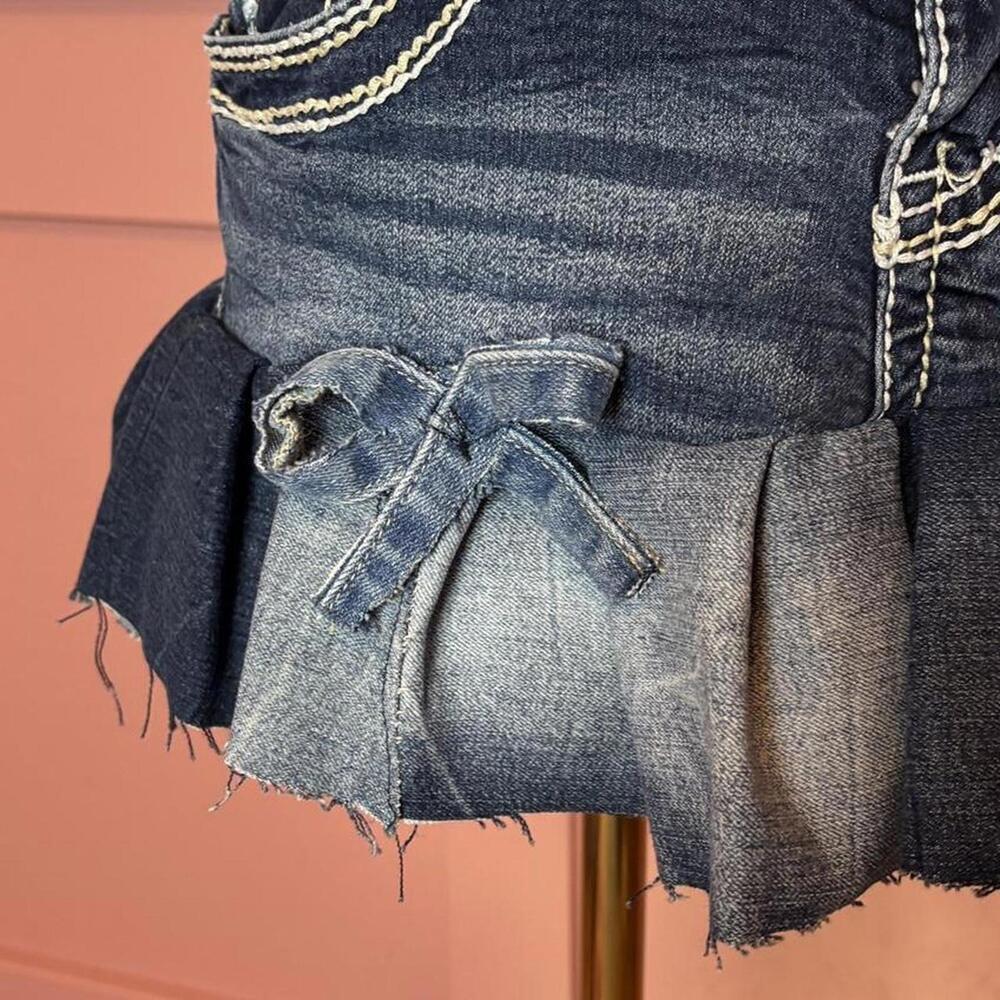 y2k mcbling micro denim low rise mini skirt reworked amethyst bow - Picture 2 of 7